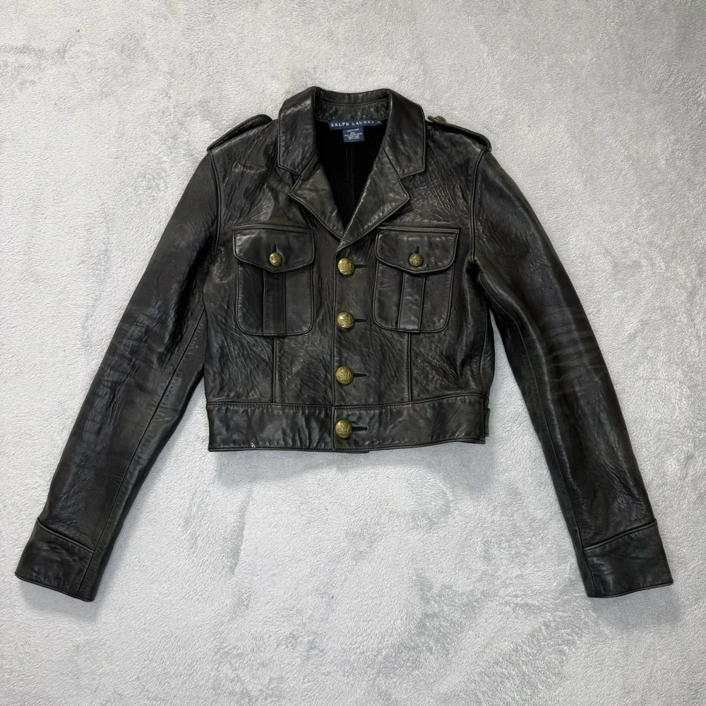 Ralph Lauren Blue Label Womens M Black Leather Cropped Military Jacket Brass